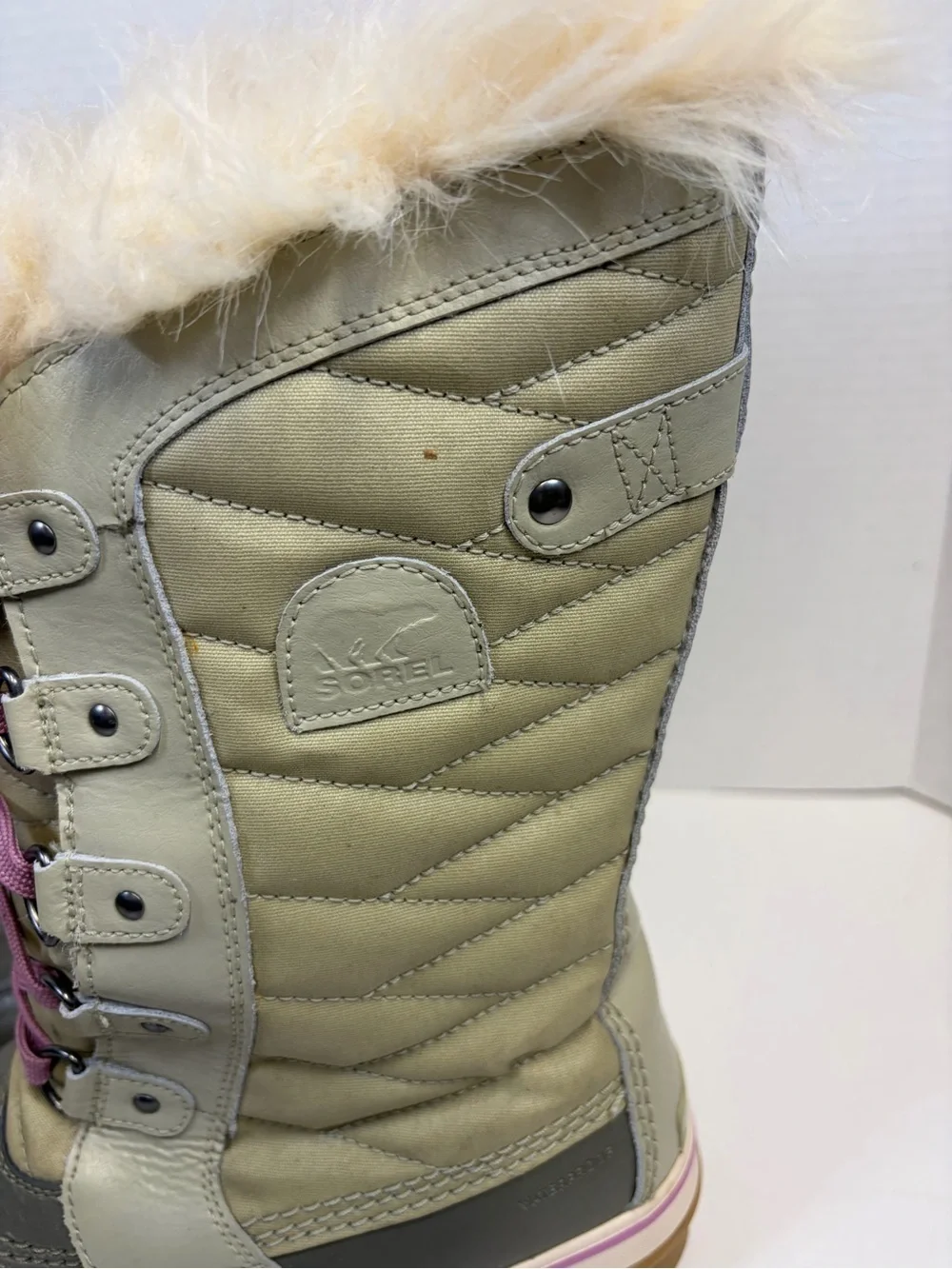 Sorel Olive and Pink Lace-Up Waterproof Winter Boots with Faux Fur Cuff